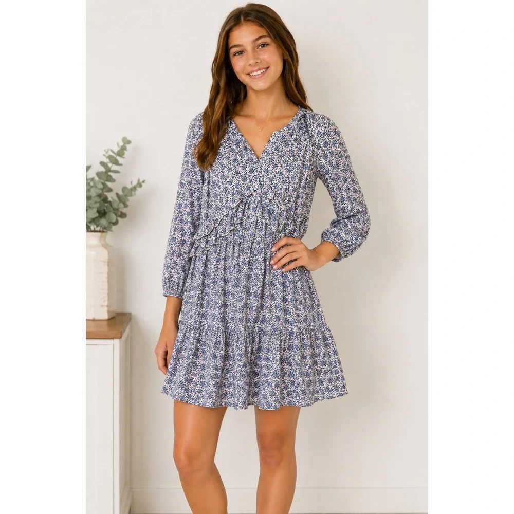 Zara Girls Size 11-12 Floral Ruffle Long Sleeve Boho Mini Dress Blue Cottagecore